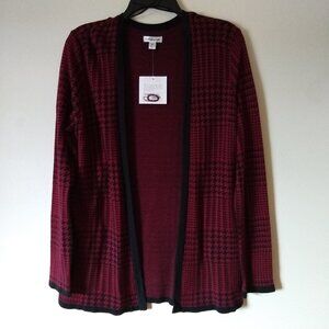 BURGUNDY OPEN FRONT PLAID CARDIGAN NWT